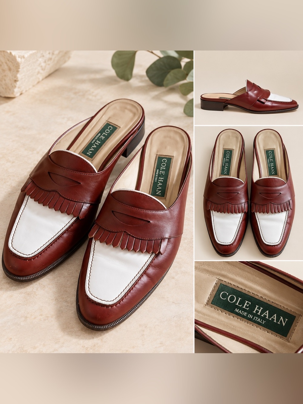 Cole Haan Women's Brown and White Fringe Penny Mule